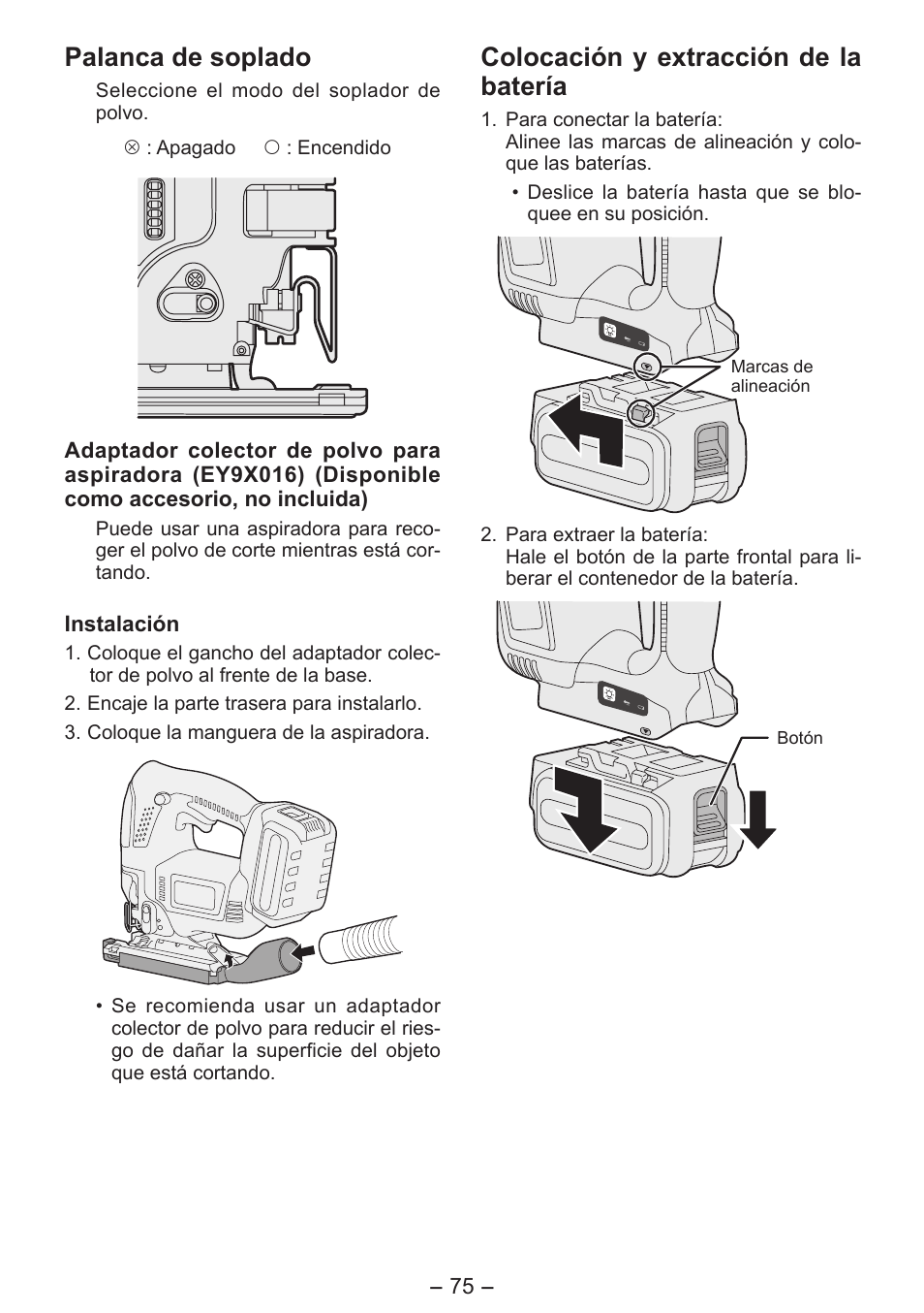 Palanca de soplado, Colocación y extracción de la batería | Panasonic EY4550 User Manual | Page 75 / 136