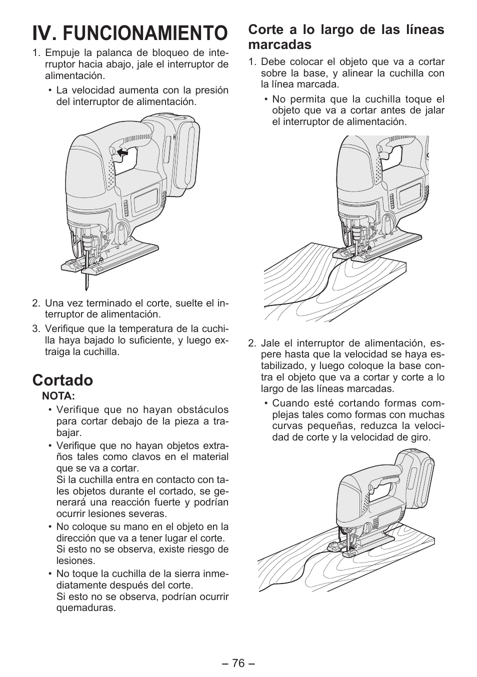 Iv. funcionamiento, Cortado, Corte a lo largo de las líneas marcadas | Panasonic EY4550 User Manual | Page 76 / 136