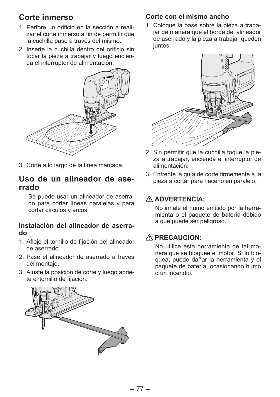 Corte inmerso, Uso de un alineador de ase- rrado | Panasonic EY4550 User Manual | Page 77 / 136