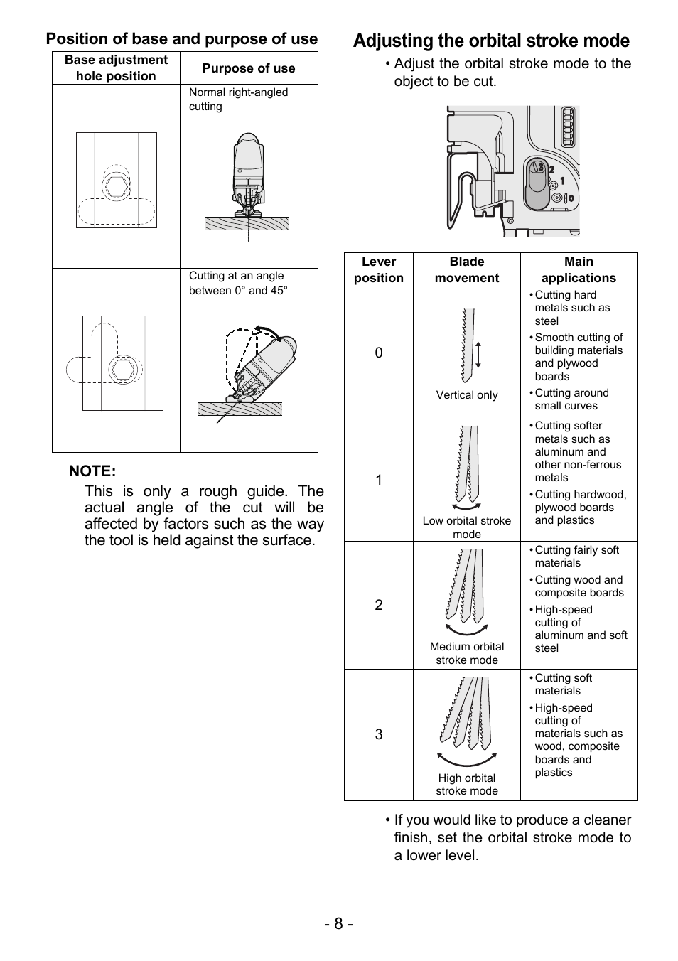 Adjusting the orbital stroke mode, 8 - position of base and purpose of use | Panasonic EY4550 User Manual | Page 8 / 136