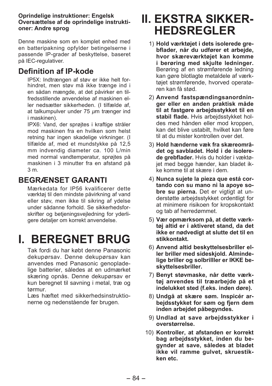 I. beregnet brug, Ii. ekstra sikker- hedsregler, Definition af ip-kode | Begrænset garanti | Panasonic EY4550 User Manual | Page 84 / 136