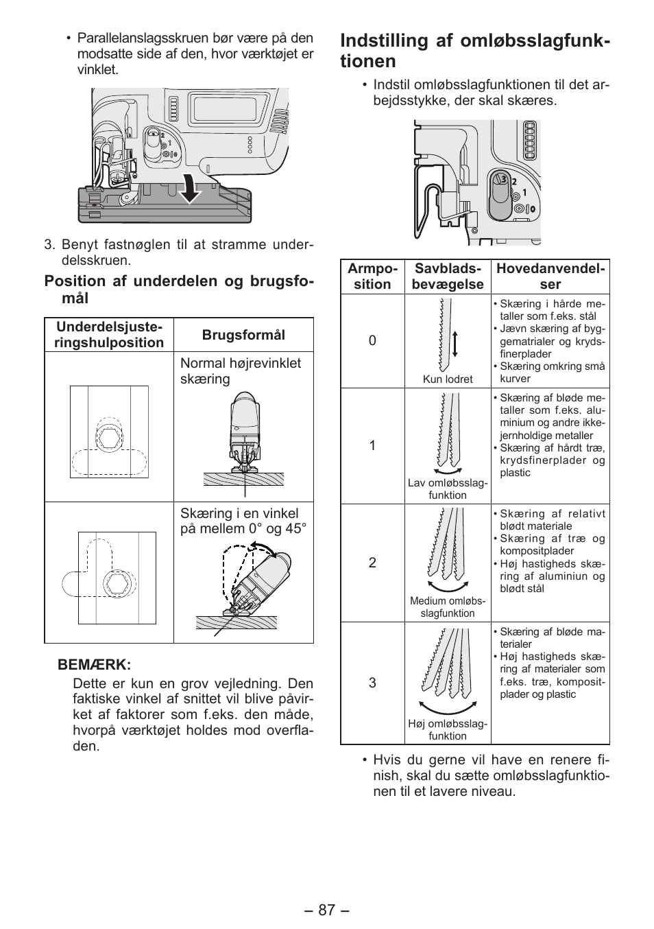 Indstilling af omløbsslagfunk- tionen | Panasonic EY4550 User Manual | Page 87 / 136