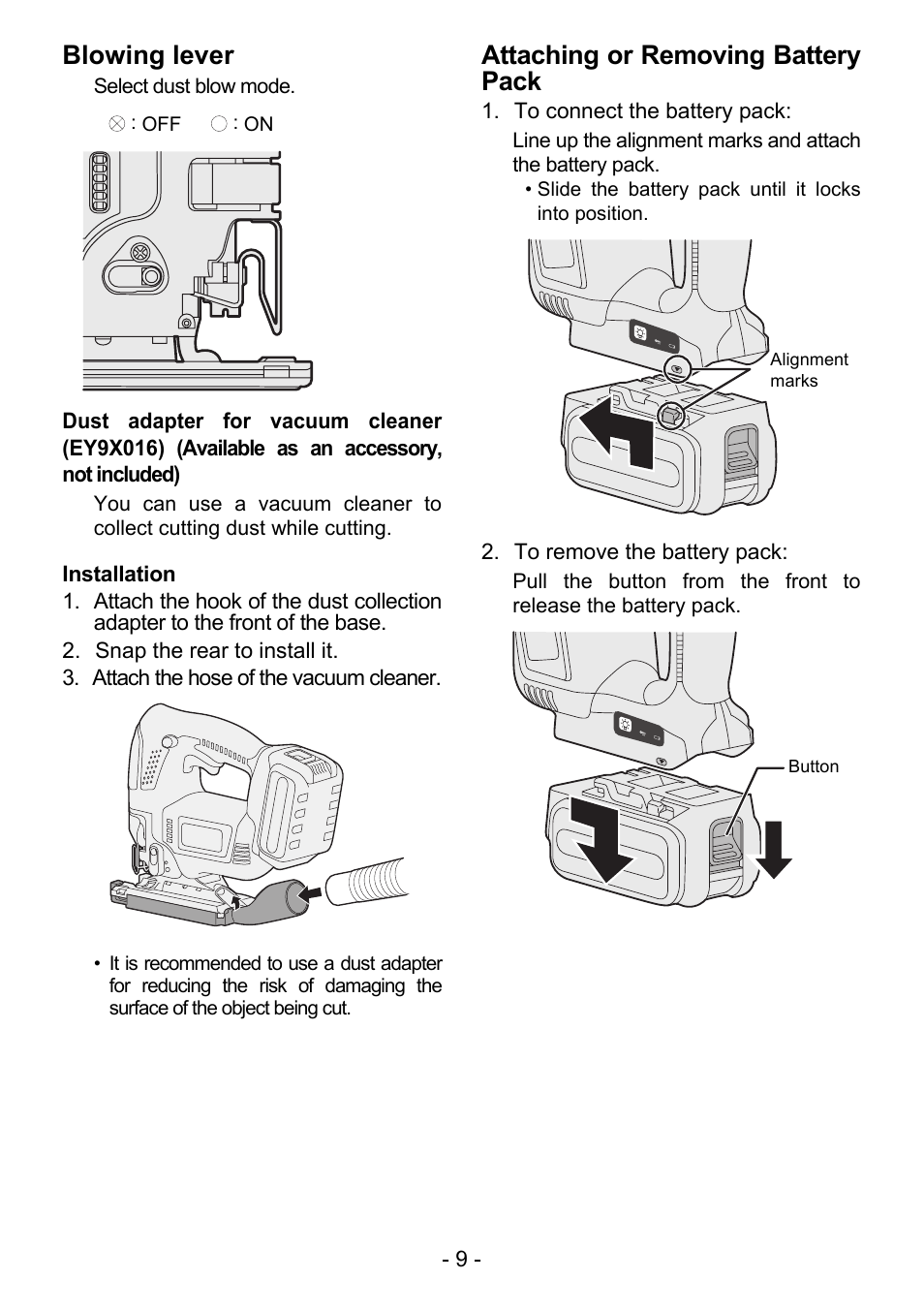 Blowing lever, Attaching or removing battery pack | Panasonic EY4550 User Manual | Page 9 / 136