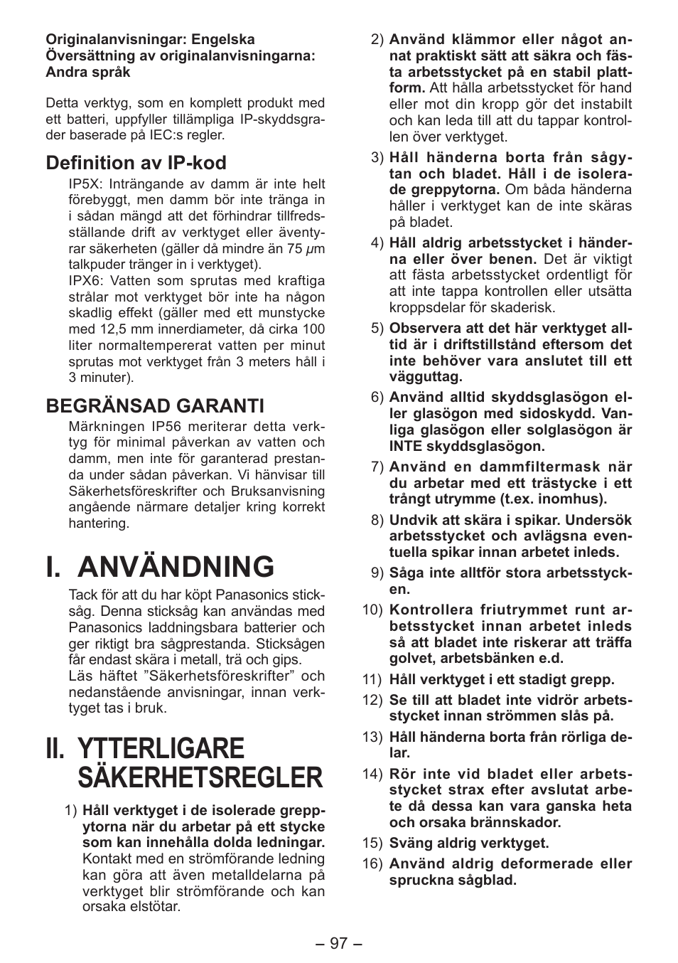 I. användning, Ii. ytterligare säkerhetsregler, Definition av ip-kod | Begränsad garanti | Panasonic EY4550 User Manual | Page 97 / 136