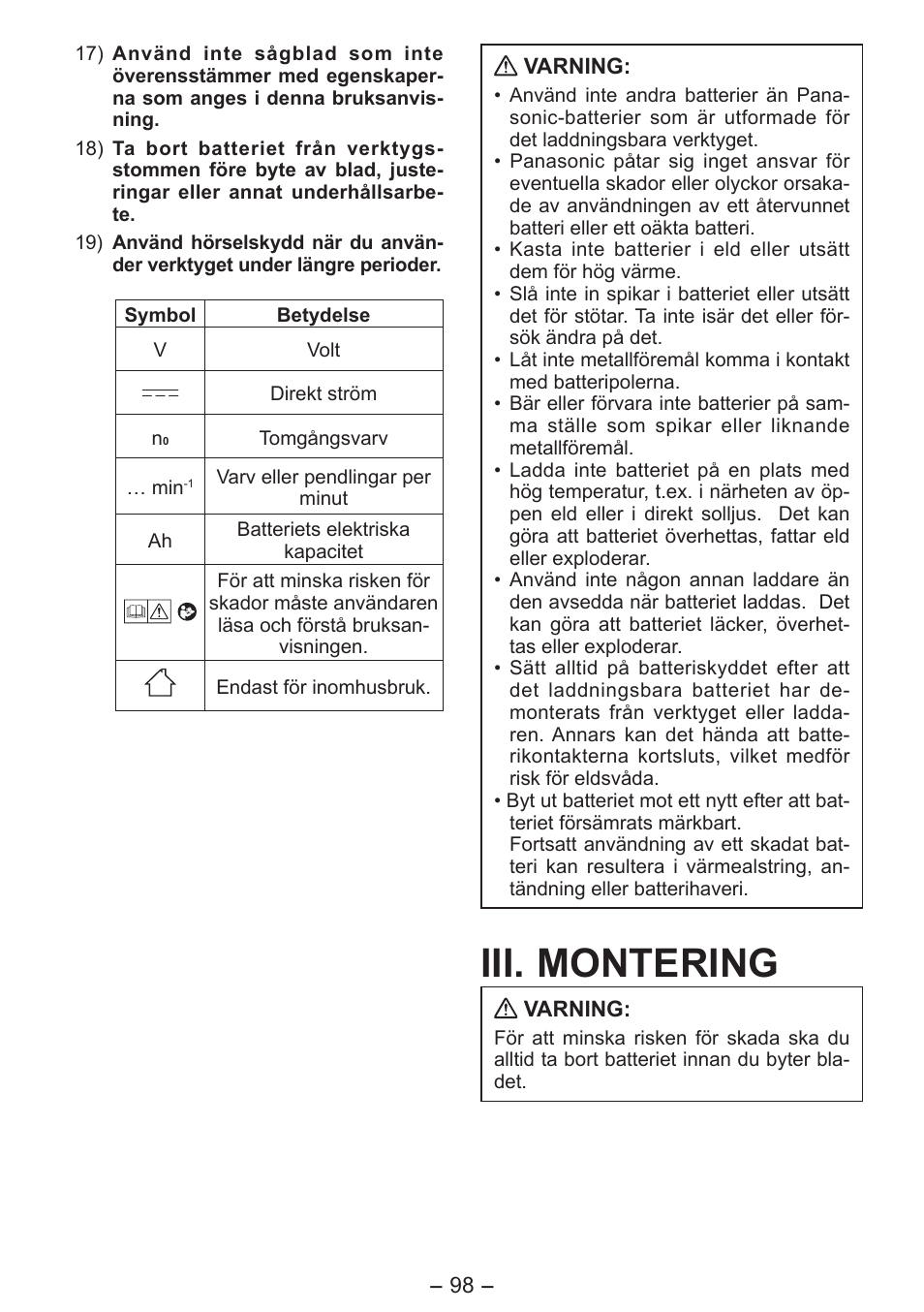 Iii. montering | Panasonic EY4550 User Manual | Page 98 / 136