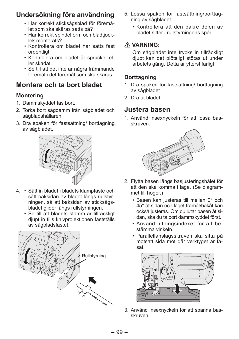 Undersökning före användning, Montera och ta bort bladet, Justera basen | Panasonic EY4550 User Manual | Page 99 / 136