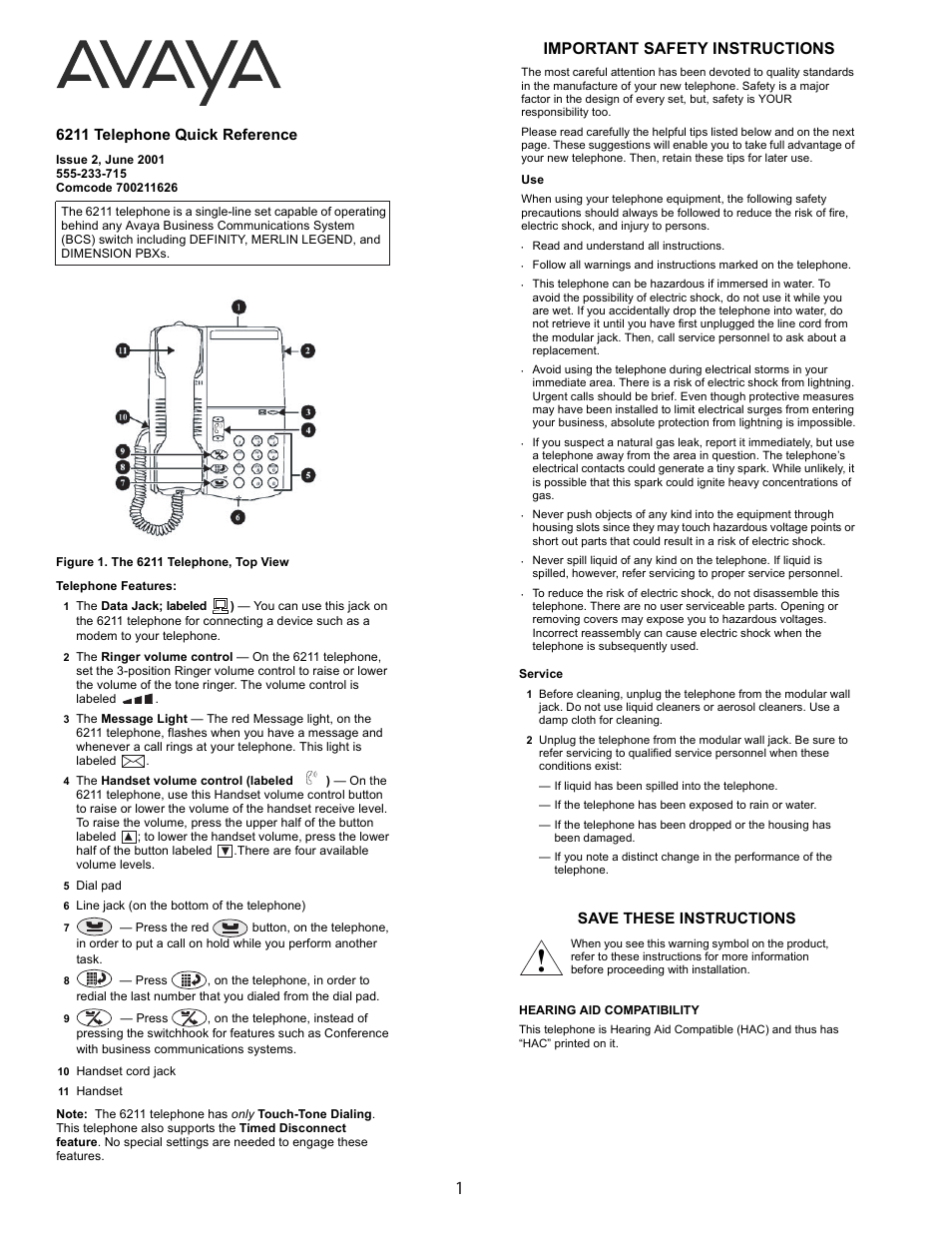 Avaya Definity 6211 User Manual | 4 pages