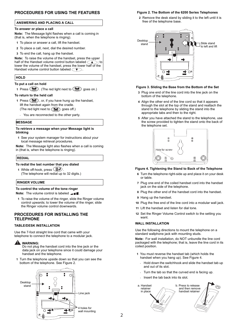 Procedures for using the features, Procedures for installing the telephone | Avaya Definity 6211 User Manual | Page 2 / 4