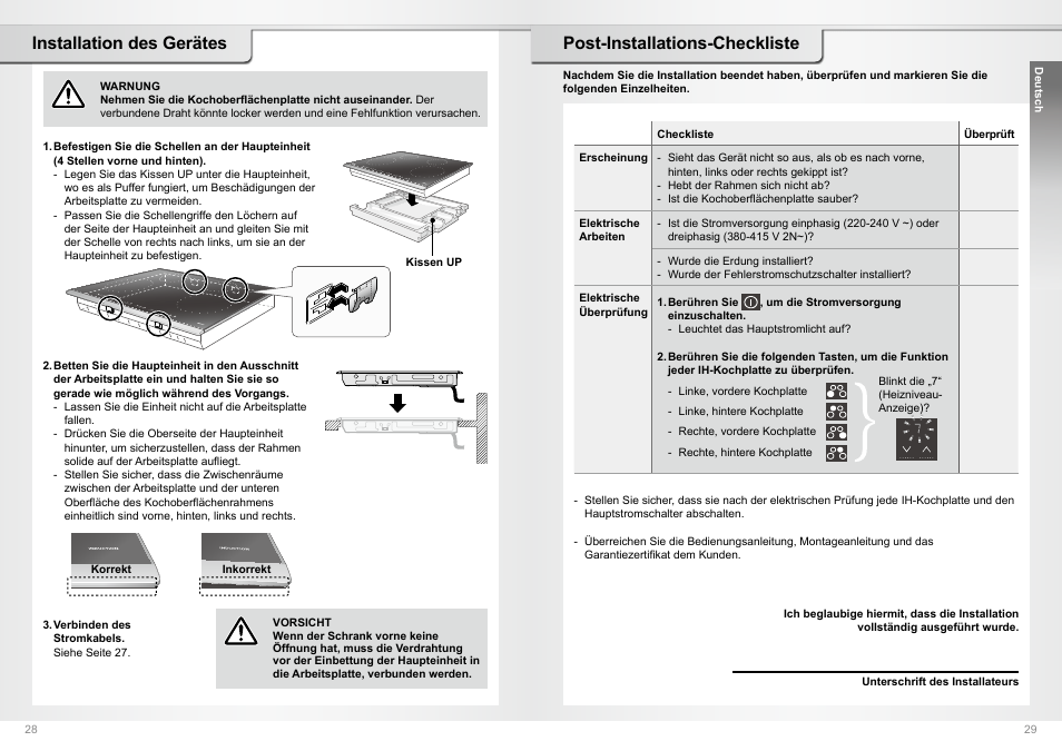 Installation des gerätes, Post-installations-checkliste | Panasonic KYB64BX User Manual | Page 15 / 30