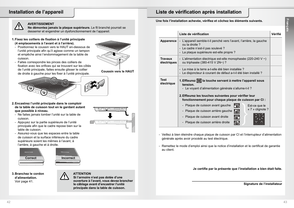 Installation de l’appareil, Liste de vérification après installation | Panasonic KYB64BX User Manual | Page 22 / 30