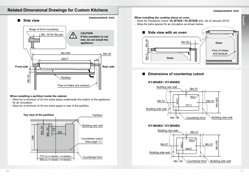 Related dimensional drawings for custom kitchens | Panasonic KYB64BX User Manual | Page 6 / 30