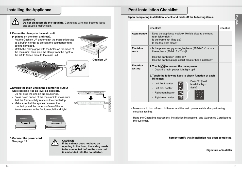 Installing the appliance, Post-installation checklist | Panasonic KYB64BX User Manual | Page 8 / 30