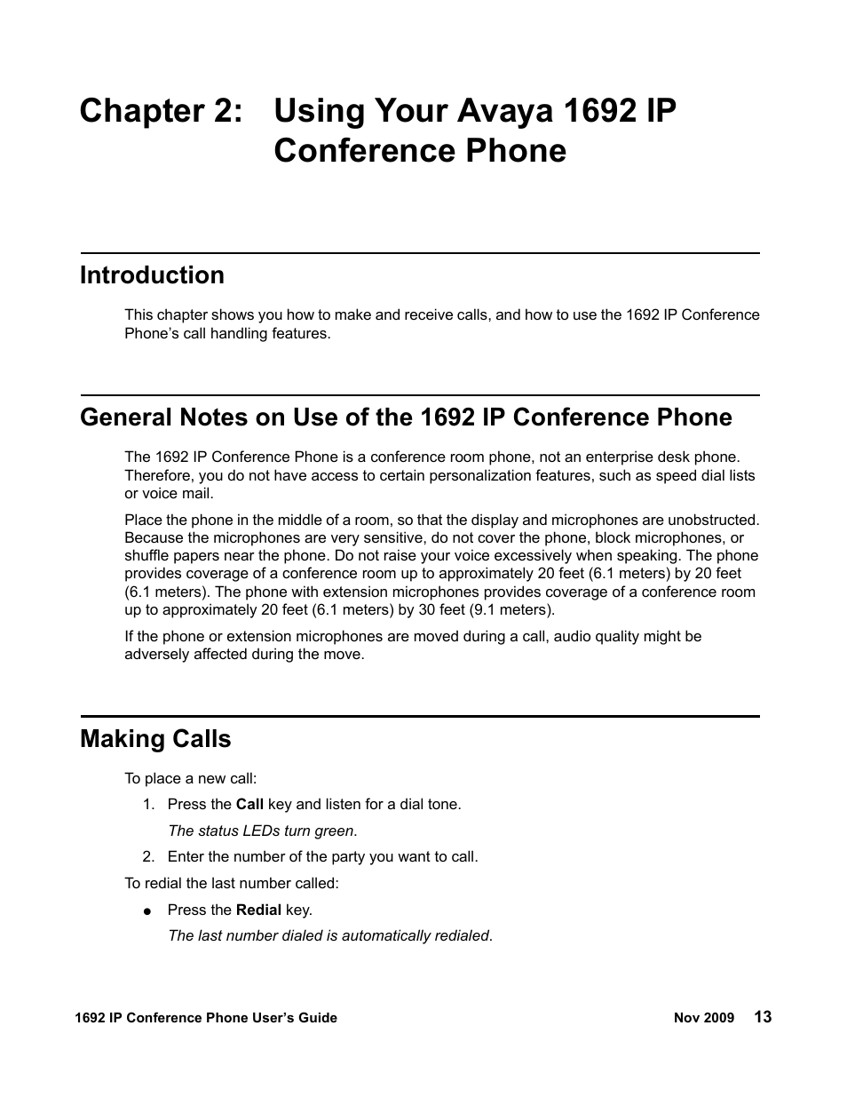Introduction, Making calls, Chapter 2: using your avaya 1692 ip | Conference phone | Avaya 1692 IP User Manual | Page 13 / 32