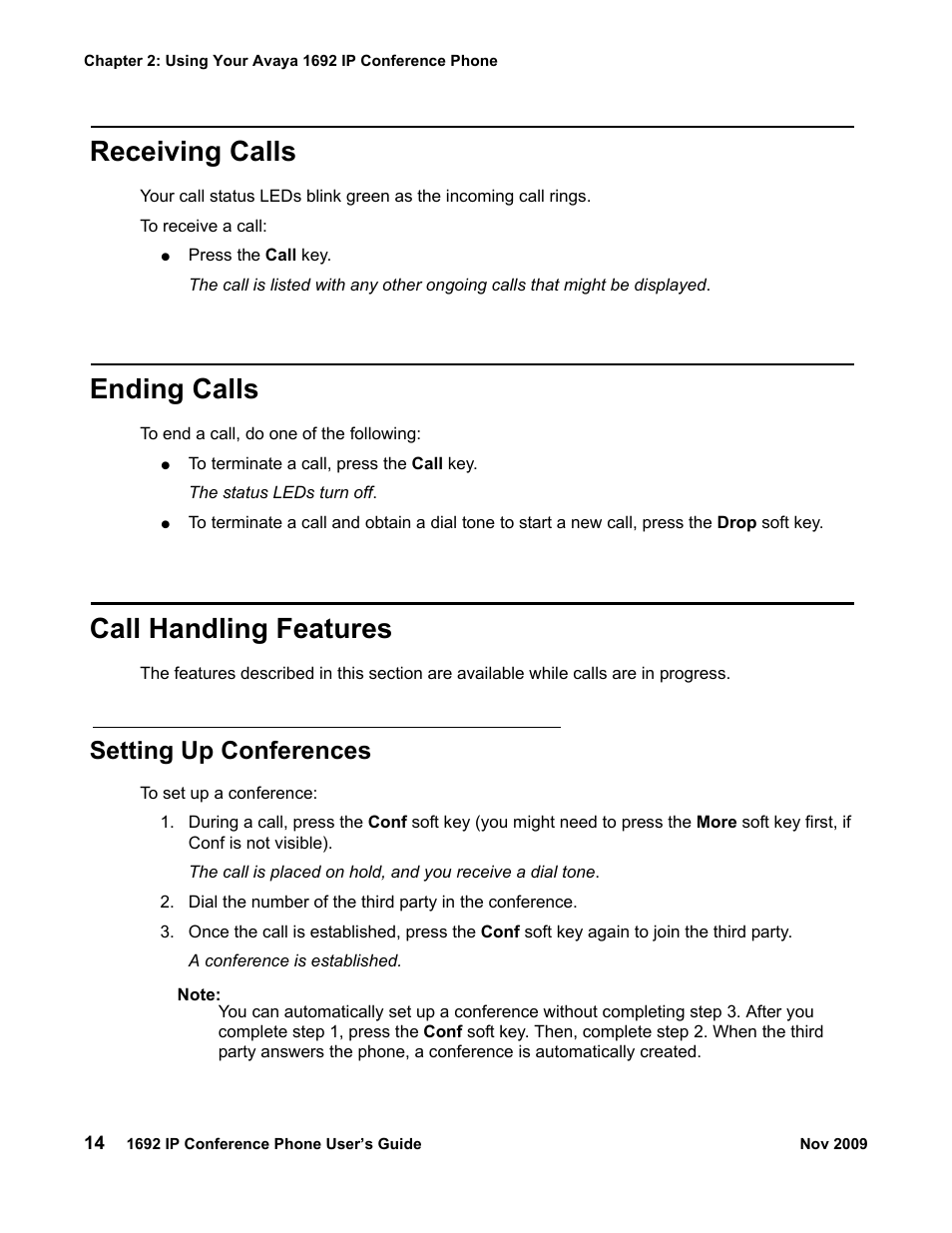 Receiving calls, Ending calls, Call handling features | Setting up conferences | Avaya 1692 IP User Manual | Page 14 / 32
