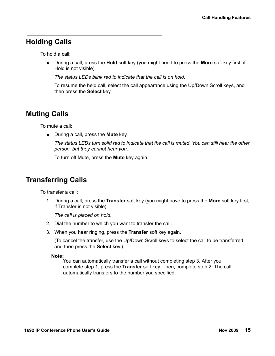 Holding calls, Muting calls, Transferring calls | Avaya 1692 IP User Manual | Page 15 / 32