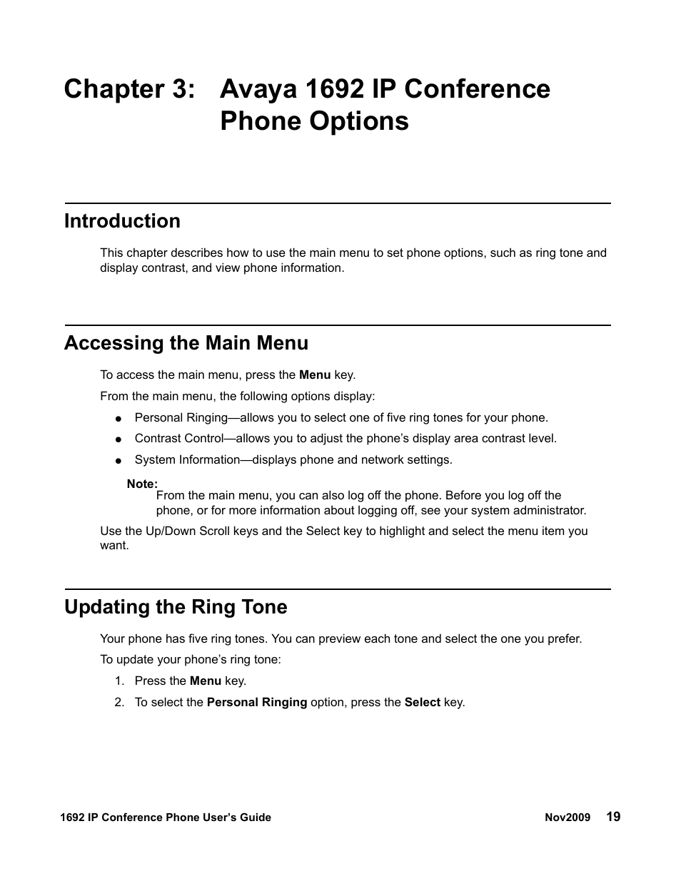 Chapter 3: avaya 1692 ip conference phone options, Introduction, Accessing the main menu | Updating the ring tone, Chapter 3: avaya 1692 ip conference phone, Options | Avaya 1692 IP User Manual | Page 19 / 32