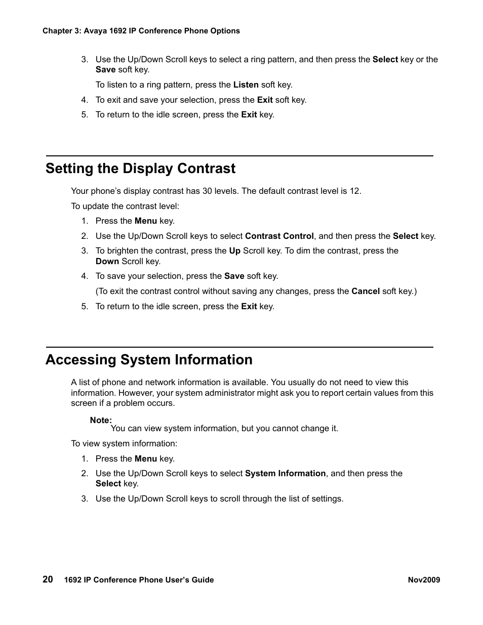 Setting the display contrast, Accessing system information | Avaya 1692 IP User Manual | Page 20 / 32