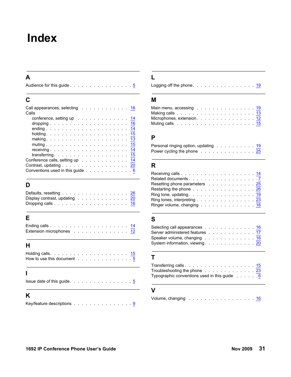 Index | Avaya 1692 IP User Manual | Page 31 / 32