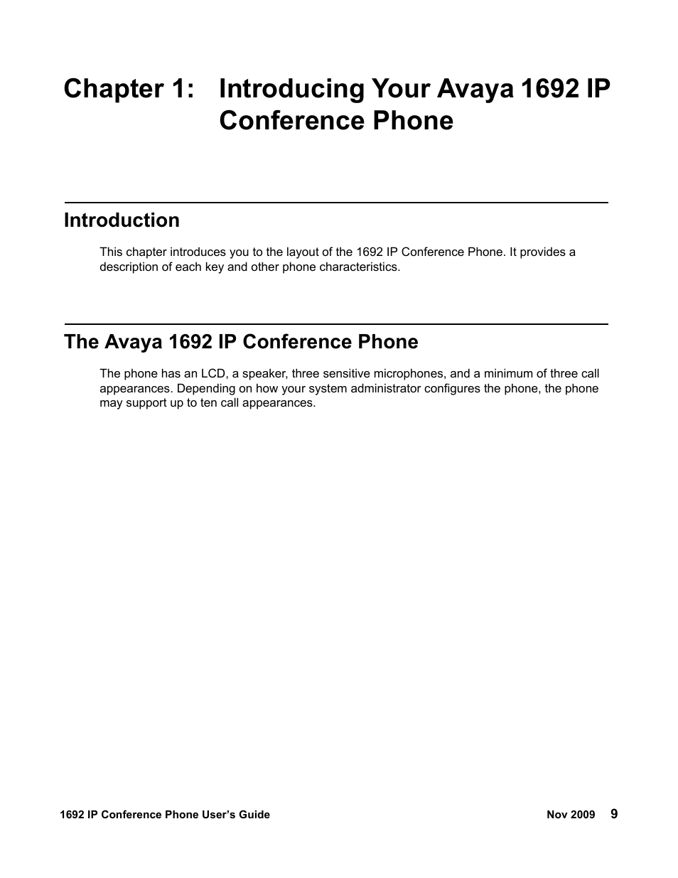Introduction, The avaya 1692 ip conference phone, Chapter 1: introducing your avaya 1692 ip | Conference phone | Avaya 1692 IP User Manual | Page 9 / 32