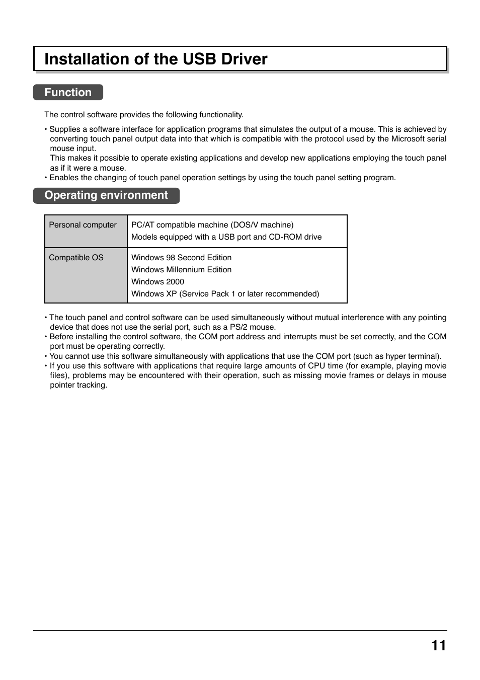 Installation of the usb driver, Function, Operating environment | Panasonic TYTP42P8S User Manual | Page 11 / 36