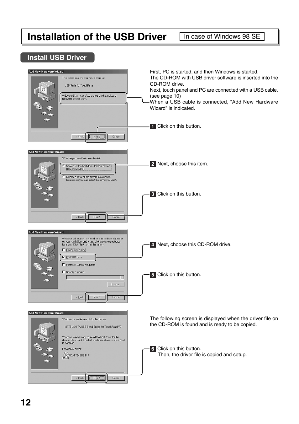 Installation of the usb driver, Install usb driver | Panasonic TYTP42P8S User Manual | Page 12 / 36