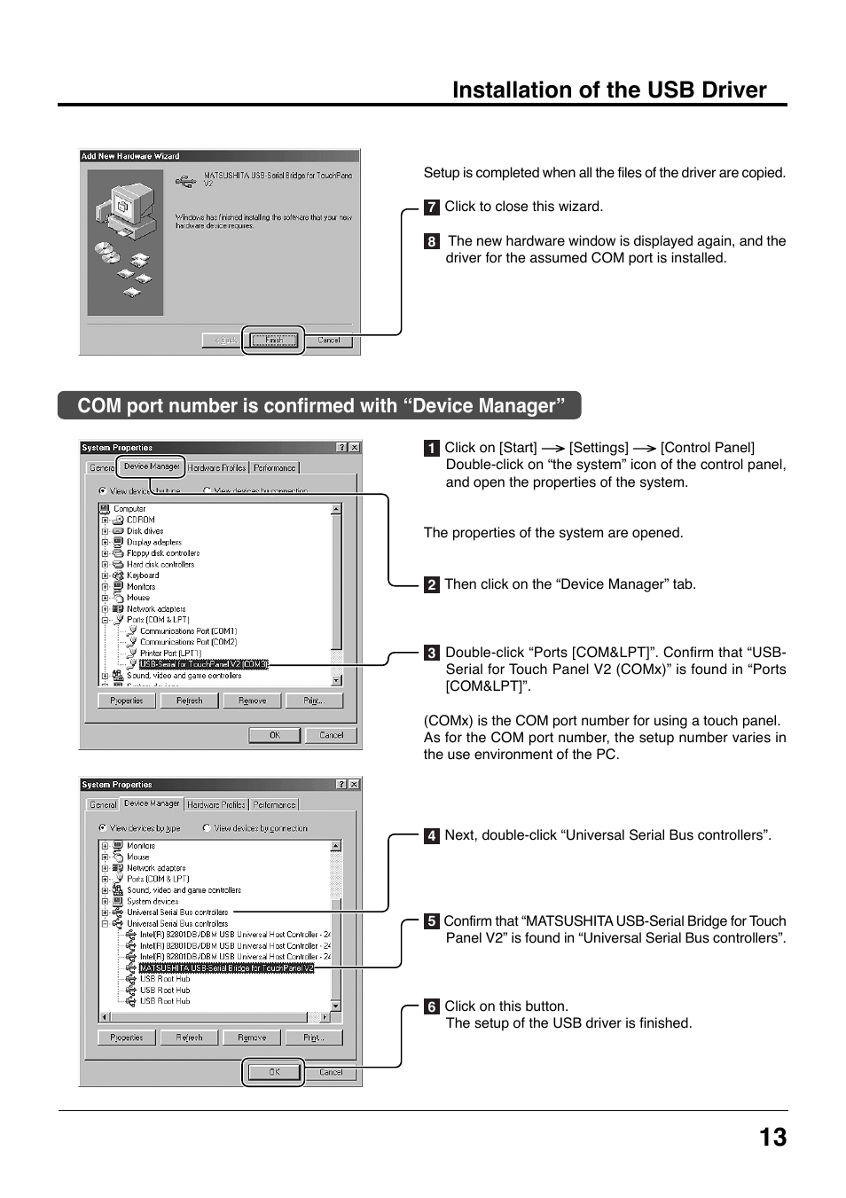 Installation of the usb driver, Com port number is confirmed with “device manager | Panasonic TYTP42P8S User Manual | Page 13 / 36
