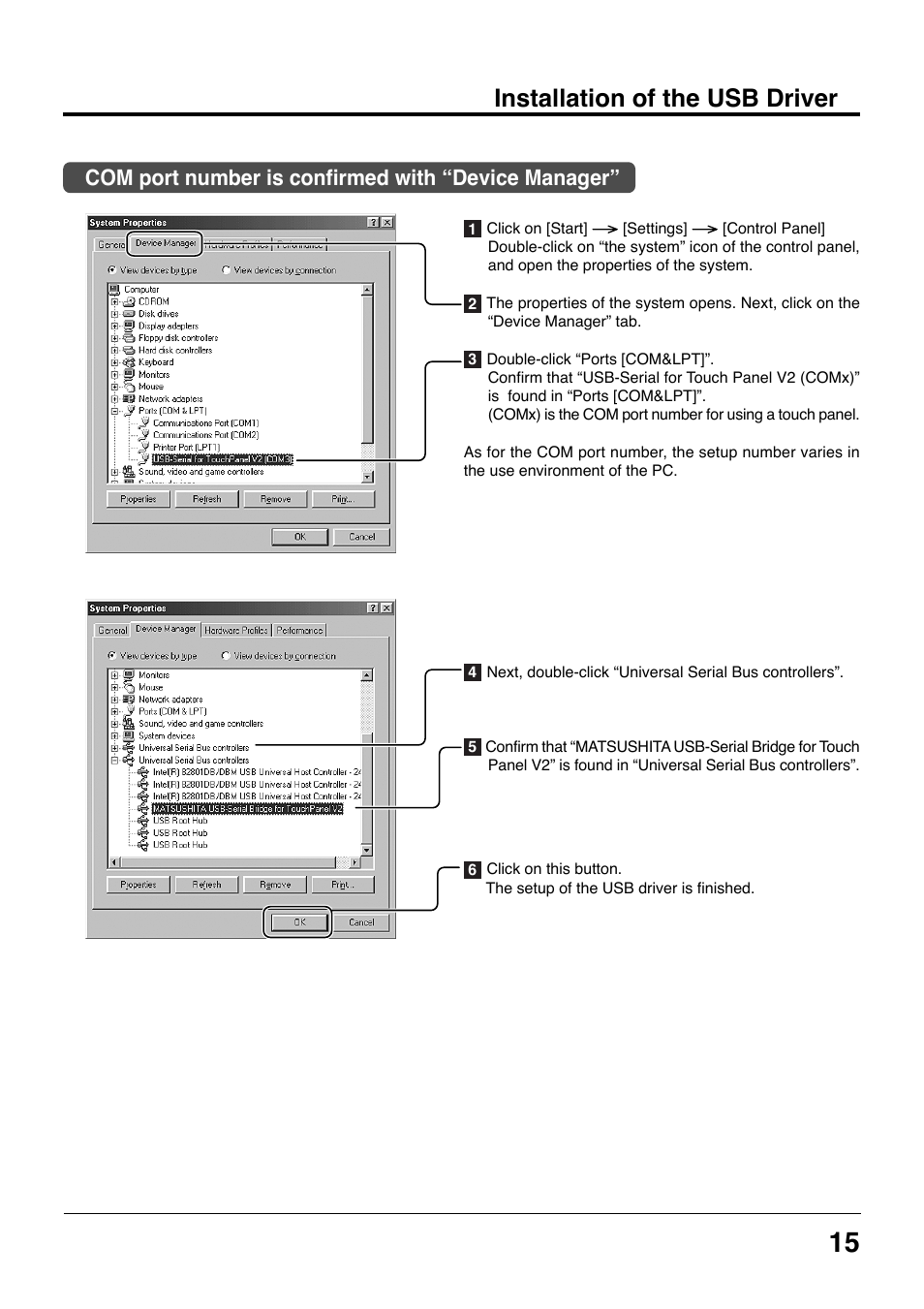 Installation of the usb driver, Com port number is confirmed with “device manager | Panasonic TYTP42P8S User Manual | Page 15 / 36