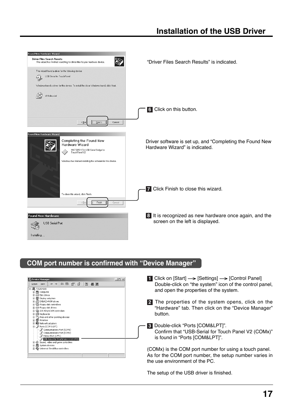 Installation of the usb driver, Com port number is confirmed with “device manager | Panasonic TYTP42P8S User Manual | Page 17 / 36