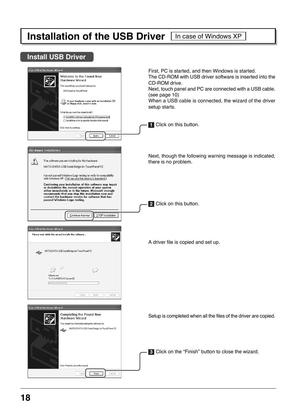 Installation of the usb driver | Panasonic TYTP42P8S User Manual | Page 18 / 36