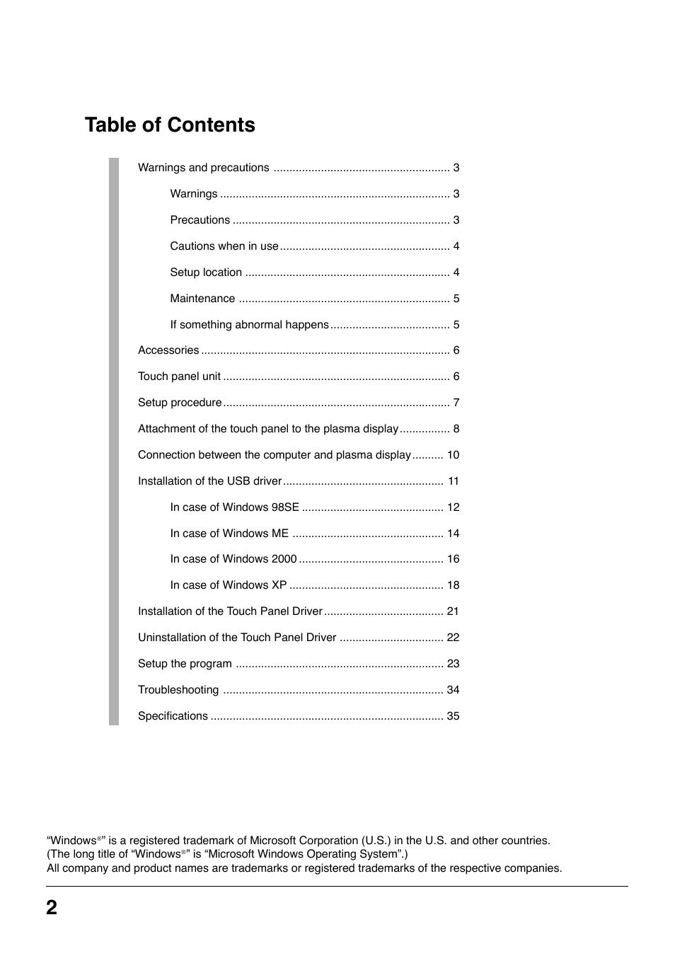 2table of contents | Panasonic TYTP42P8S User Manual | Page 2 / 36