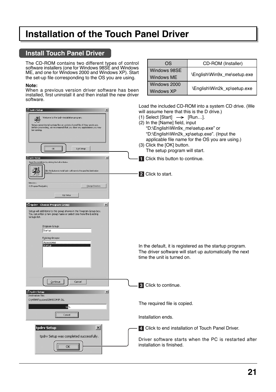Installation of the touch panel driver, Install touch panel driver | Panasonic TYTP42P8S User Manual | Page 21 / 36