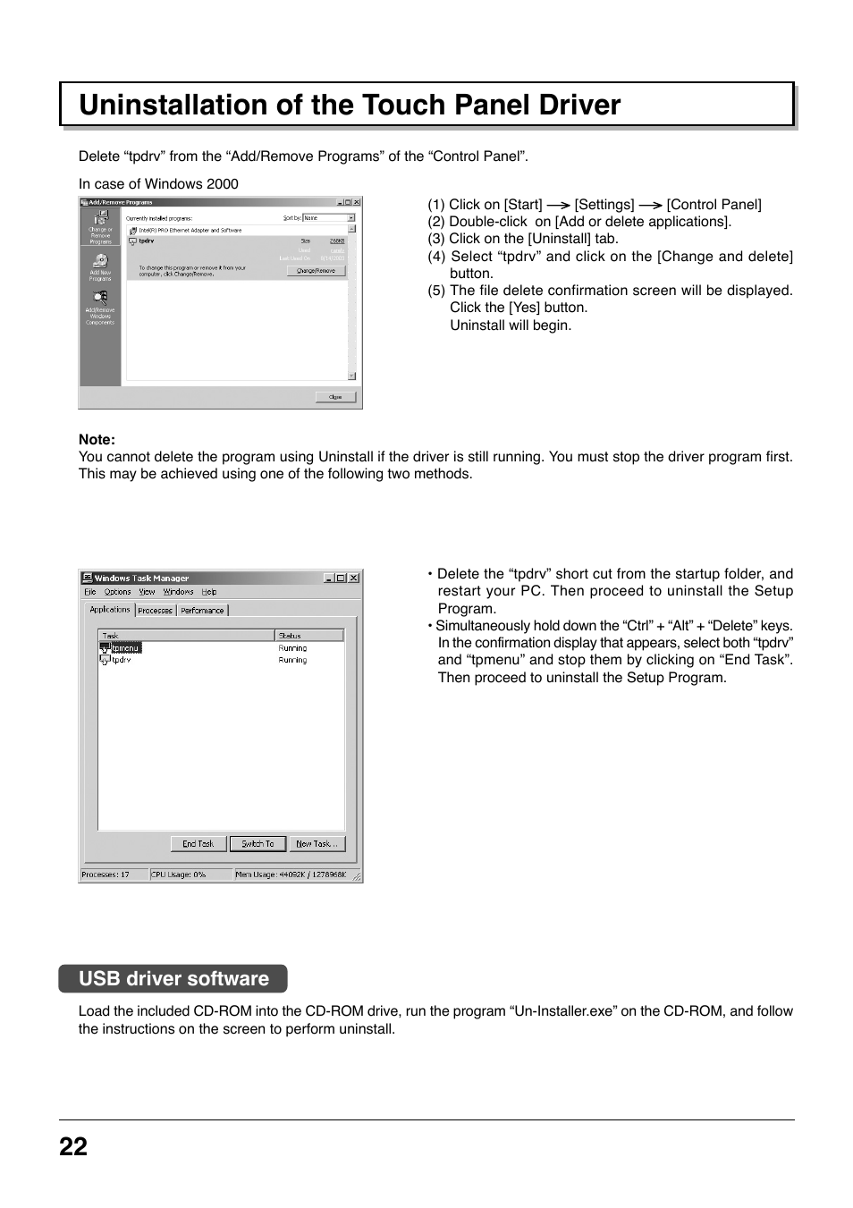Uninstallation of the touch panel driver, Usb driver software | Panasonic TYTP42P8S User Manual | Page 22 / 36
