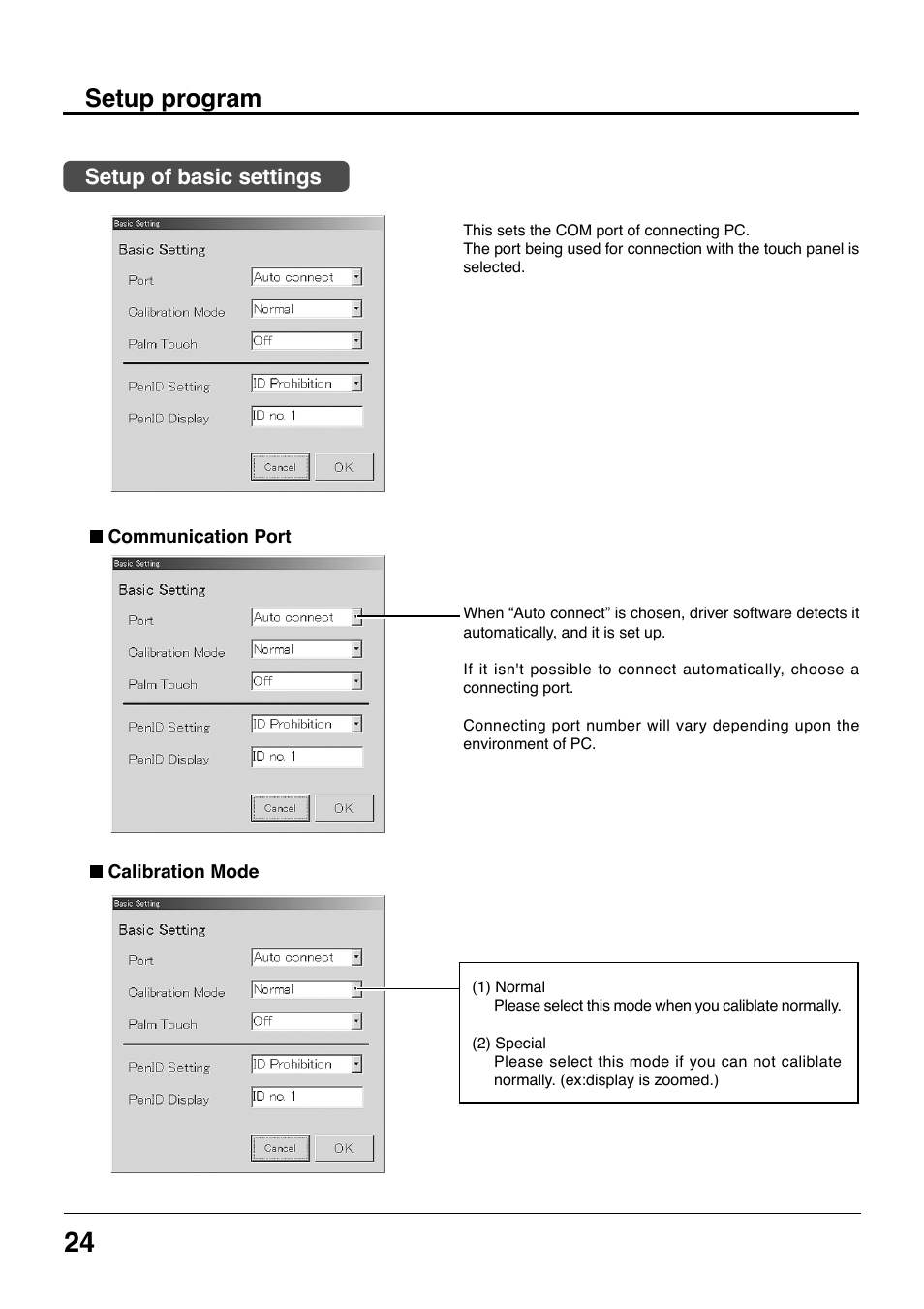 Setup program, Setup of basic settings | Panasonic TYTP42P8S User Manual | Page 24 / 36