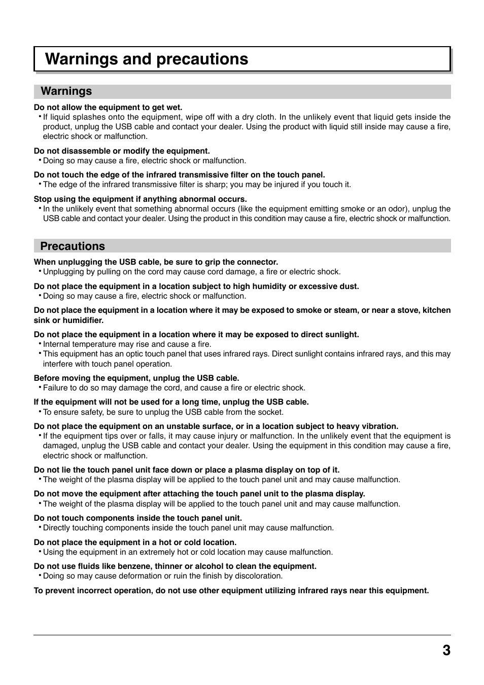 Warnings and precautions, Warnings, Precautions | Panasonic TYTP42P8S User Manual | Page 3 / 36