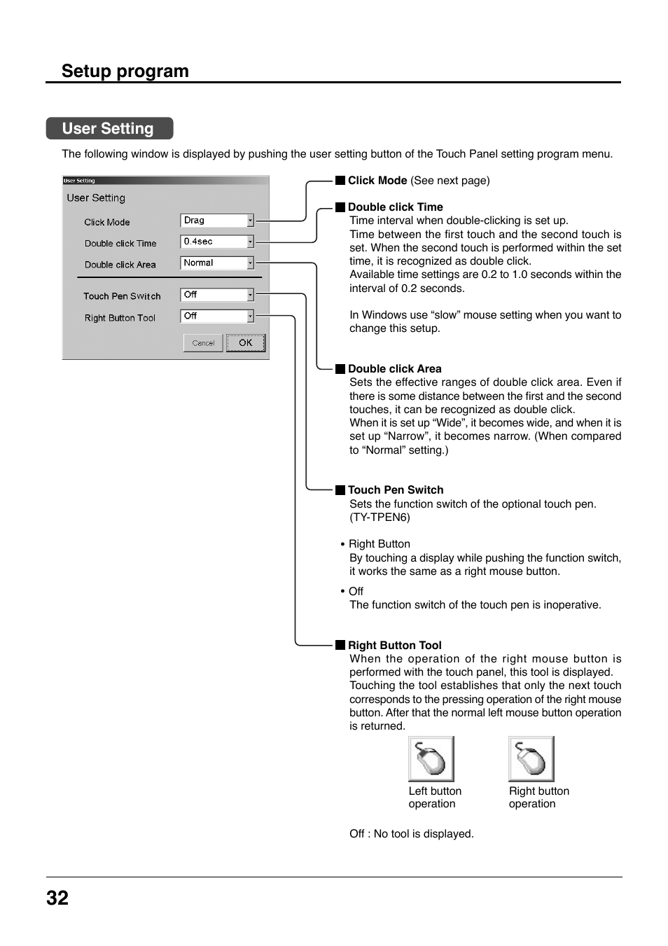 Setup program, User setting | Panasonic TYTP42P8S User Manual | Page 32 / 36