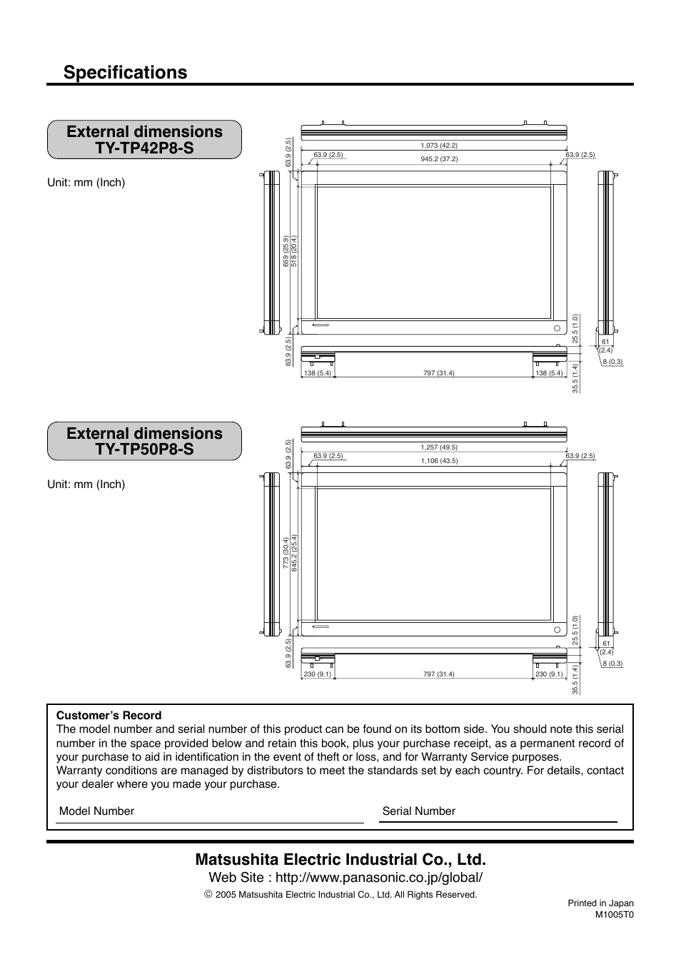 Specifications, Matsushita electric industrial co., ltd, External dimensions ty-tp42p8-s | External dimensions ty-tp50p8-s, Unit: mm (inch) | Panasonic TYTP42P8S User Manual | Page 36 / 36