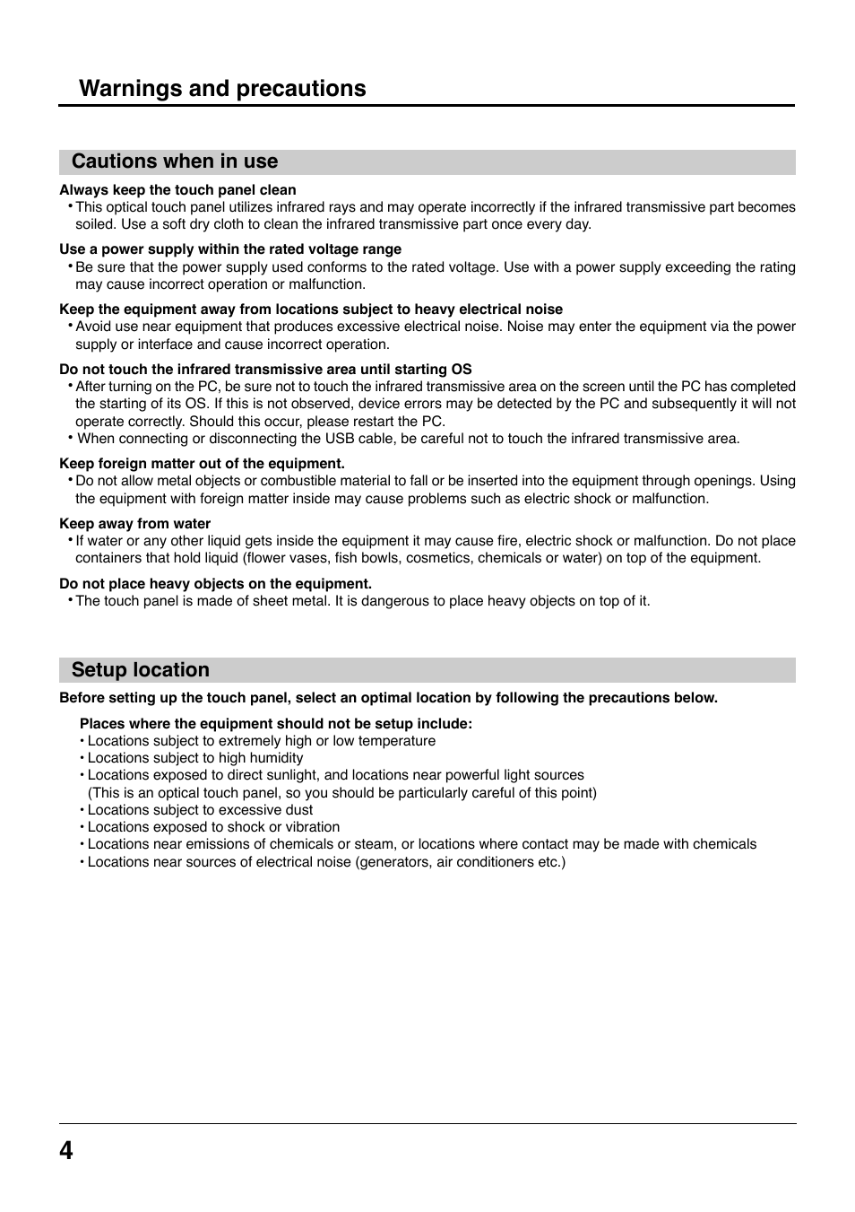 Warnings and precautions, Cautions when in use, Setup location | Panasonic TYTP42P8S User Manual | Page 4 / 36