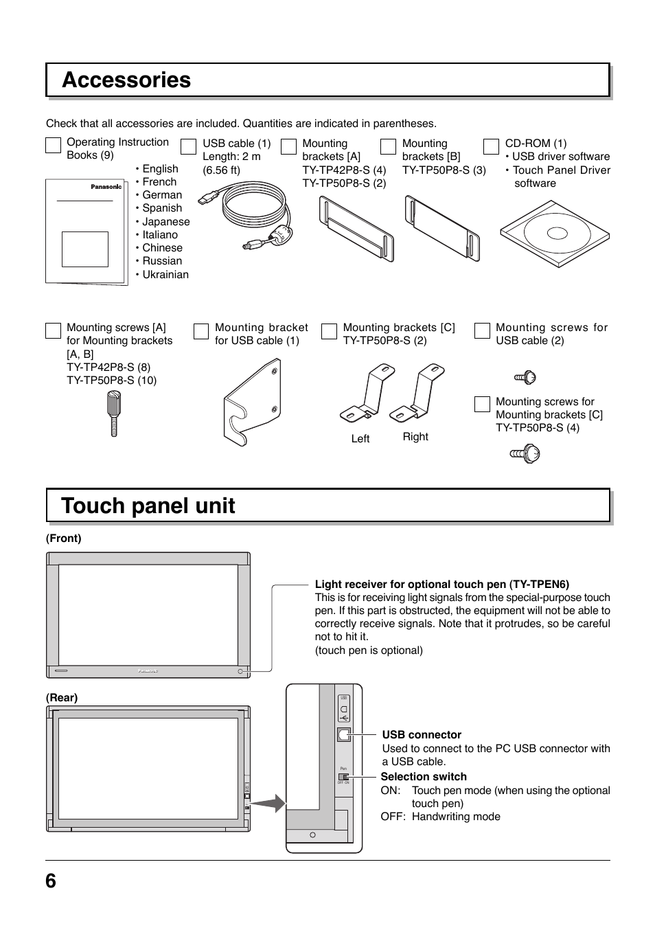 Accessories, Touch panel unit | Panasonic TYTP42P8S User Manual | Page 6 / 36