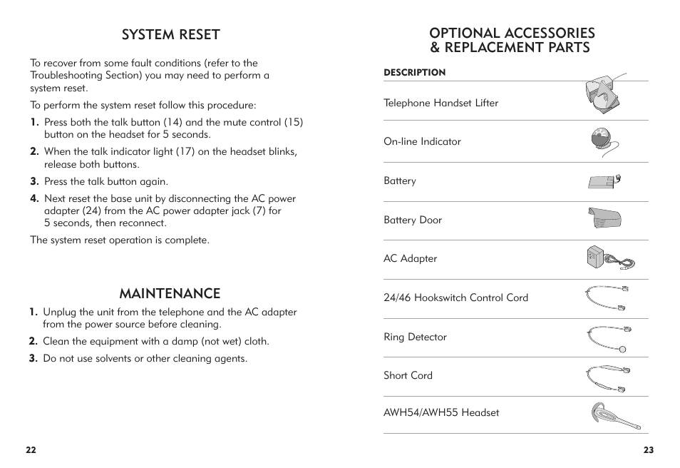 Maintenance, System reset, Optional accessories & replacement parts | Avaya AWH-55 User Manual | Page 12 / 15