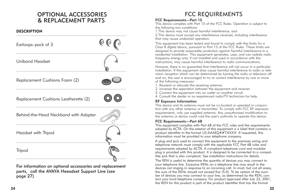 Fcc requirements, Optional accessories & replacement parts | Avaya AWH-55 User Manual | Page 13 / 15
