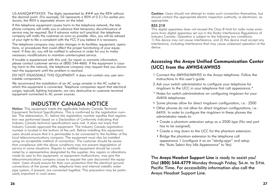 Industry canada notice | Avaya AWH-55 User Manual | Page 14 / 15