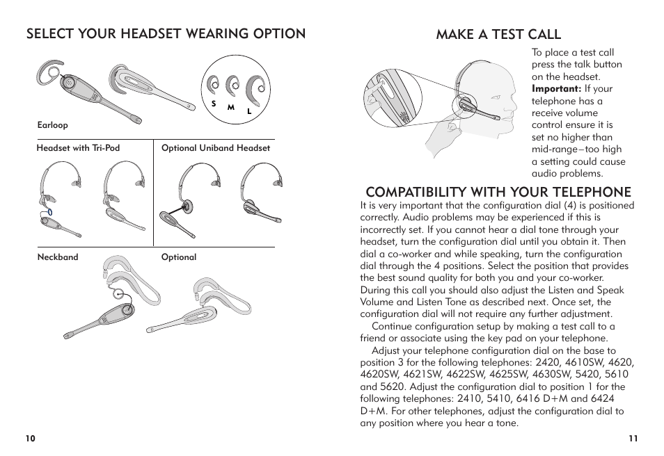 Make a test call, Compatibility with your telephone, Select your headset wearing option | Avaya AWH-55 User Manual | Page 6 / 15