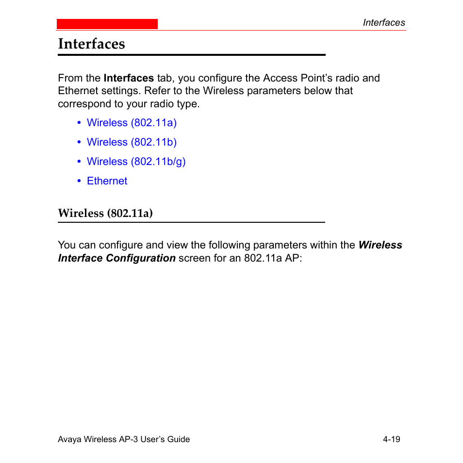 Interfaces, Wireless (802.11a), Interfaces -19 | Wireless (802.11a) -19 | Avaya Wireless AP-3 User Manual | Page 107 / 425