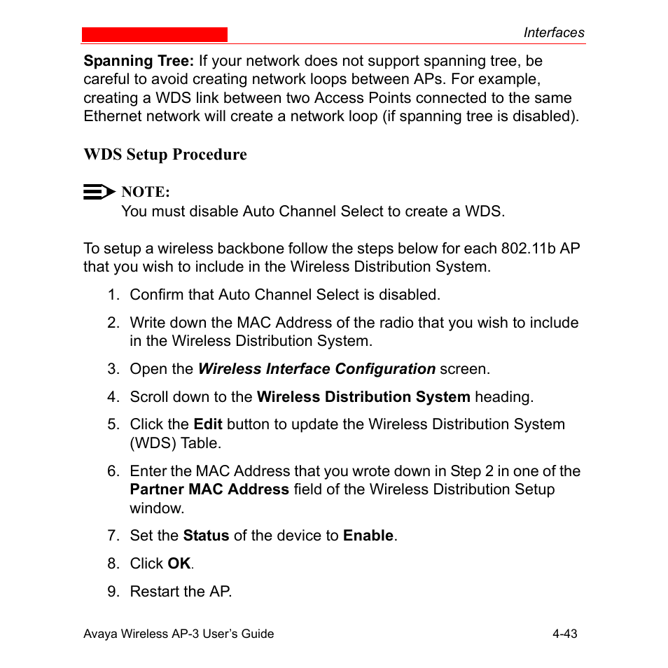 Wds setup procedure, Wds setup procedure -43 | Avaya Wireless AP-3 User Manual | Page 131 / 425