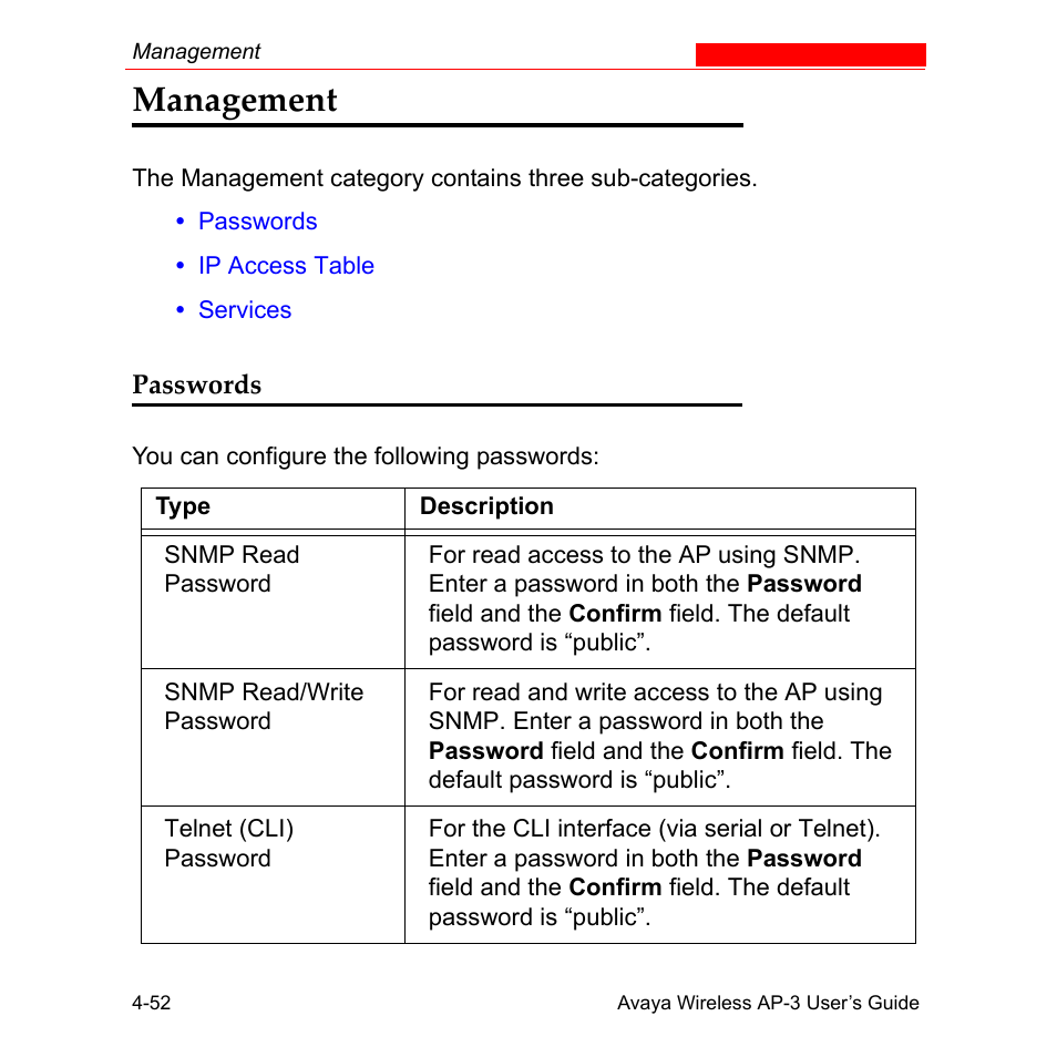 Management, Passwords, Management -52 | Passwords -52, For mo | Avaya Wireless AP-3 User Manual | Page 140 / 425