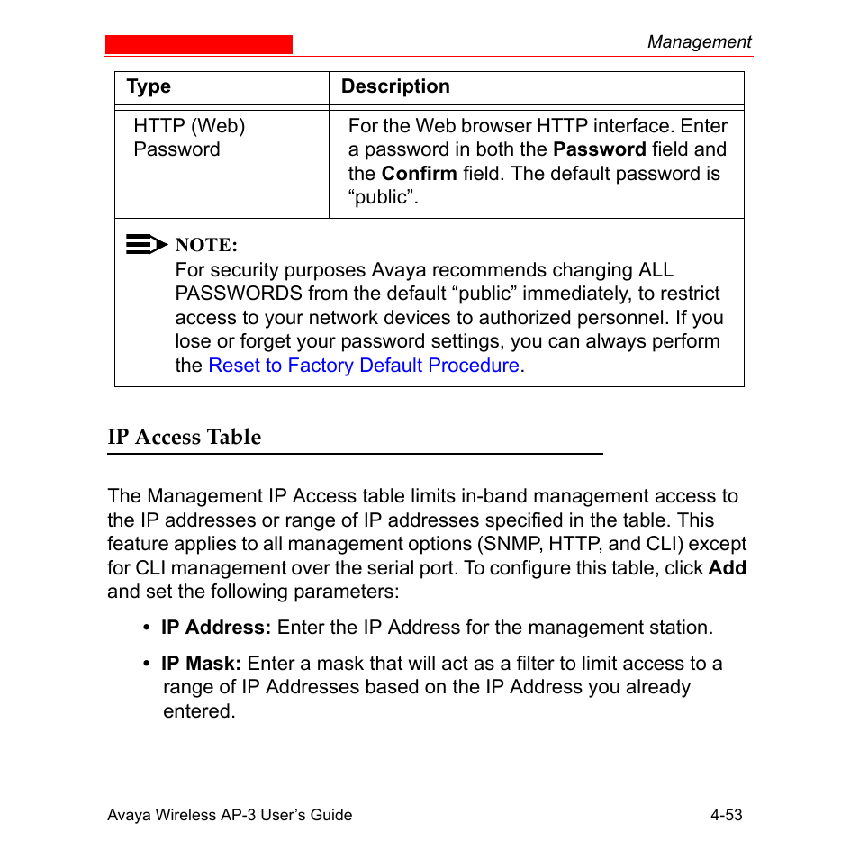 Ip access table, Ip access table -53 | Avaya Wireless AP-3 User Manual | Page 141 / 425