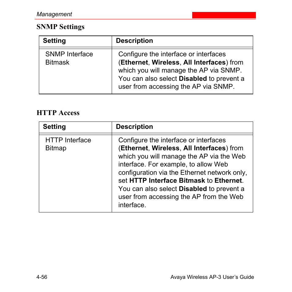 Snmp settings, Http access, Snmp settings -56 http access -56 | Avaya Wireless AP-3 User Manual | Page 144 / 425