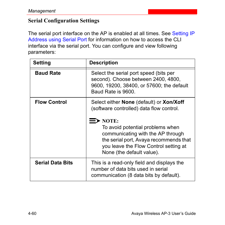 Serial configuration settings, Serial configuration settings -60 | Avaya Wireless AP-3 User Manual | Page 148 / 425