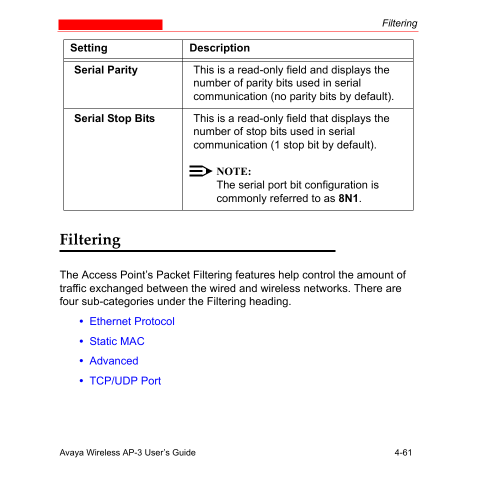 Filtering, Filtering -61 | Avaya Wireless AP-3 User Manual | Page 149 / 425