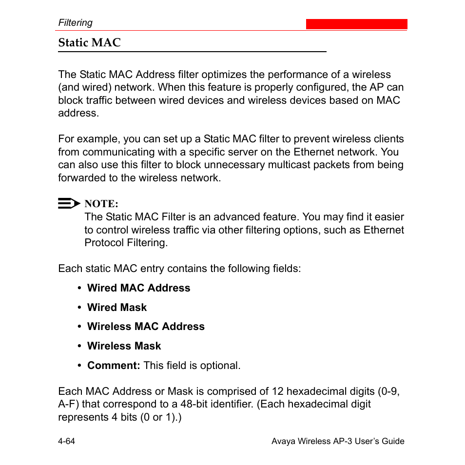 Static mac, Static mac -64 | Avaya Wireless AP-3 User Manual | Page 152 / 425